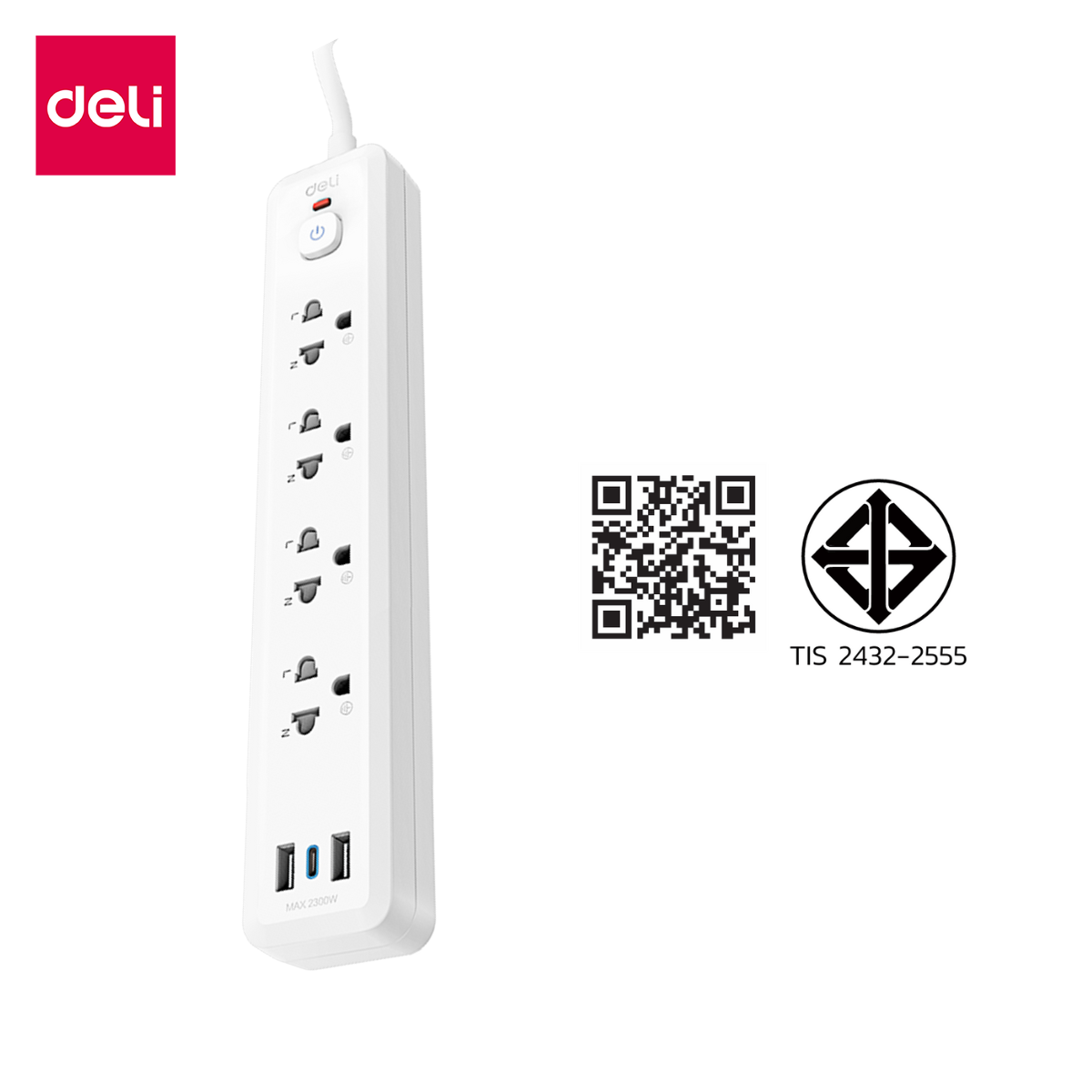ปลั๊กไฟสามตา 4ช่อง 2USB 1TypeC 3M Deli CT499-WH-01 สีขาว_0